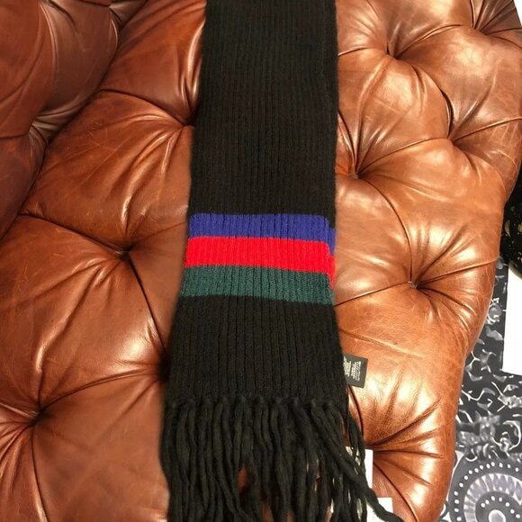 GUCCI THICK BLACK WEB STRIPE MOHAIR WOOL BLEND WARM UNISEX LONG SCARF 236cm - Picture 5 of 6